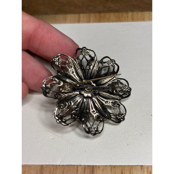 Vintage Silver Filigree Floral Brooch With Turquoise Cabochons - Picture 6 of 7